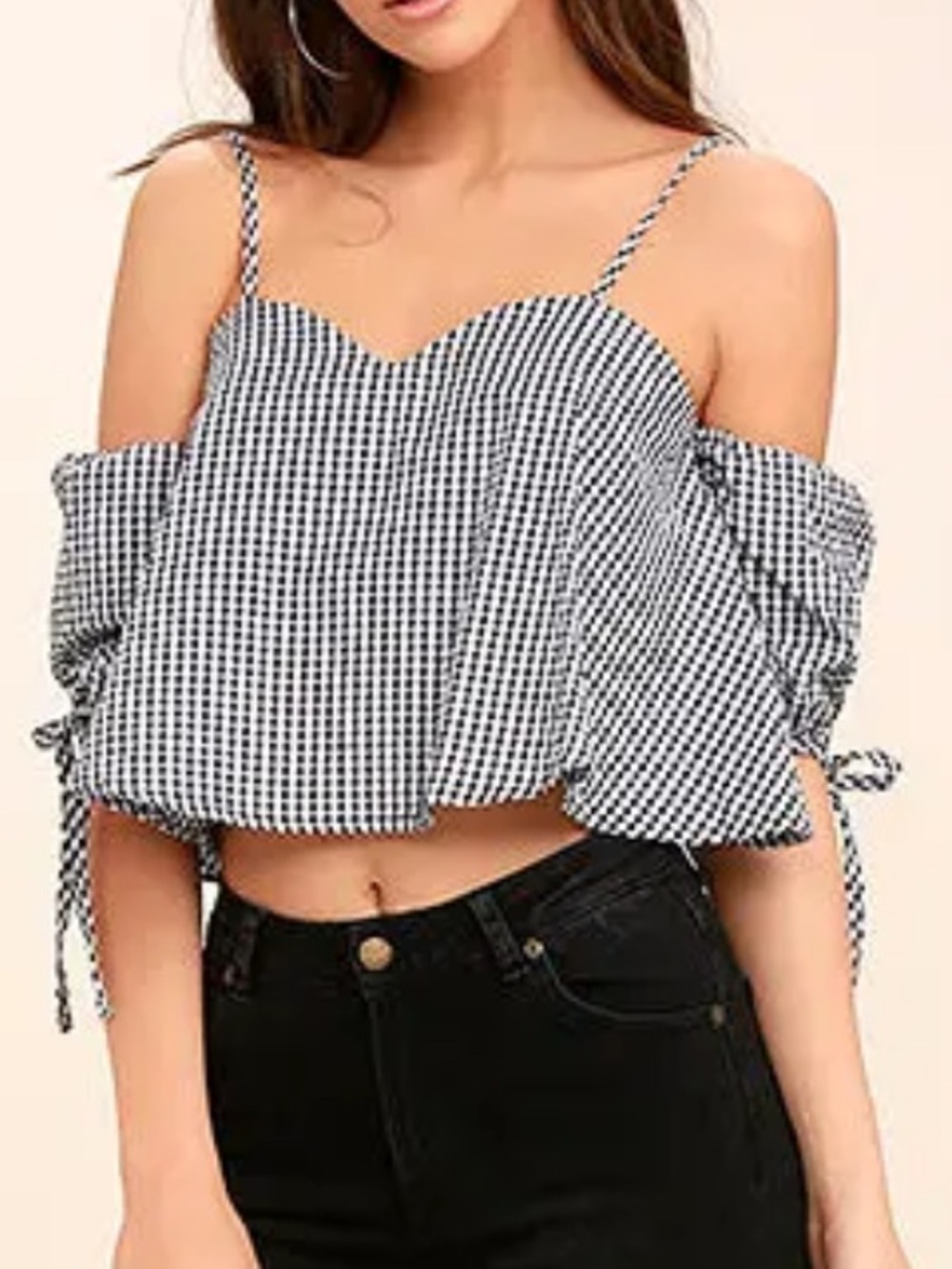 Lulu's Black & White Gingham Off-Shoulder Crop Top